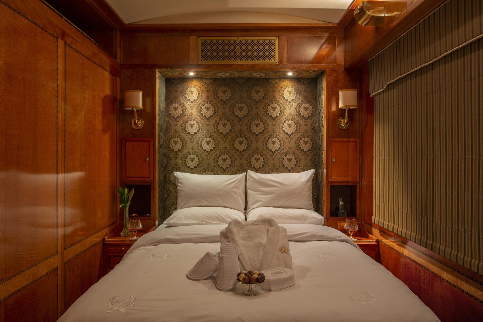 A double-bed suite in the evening