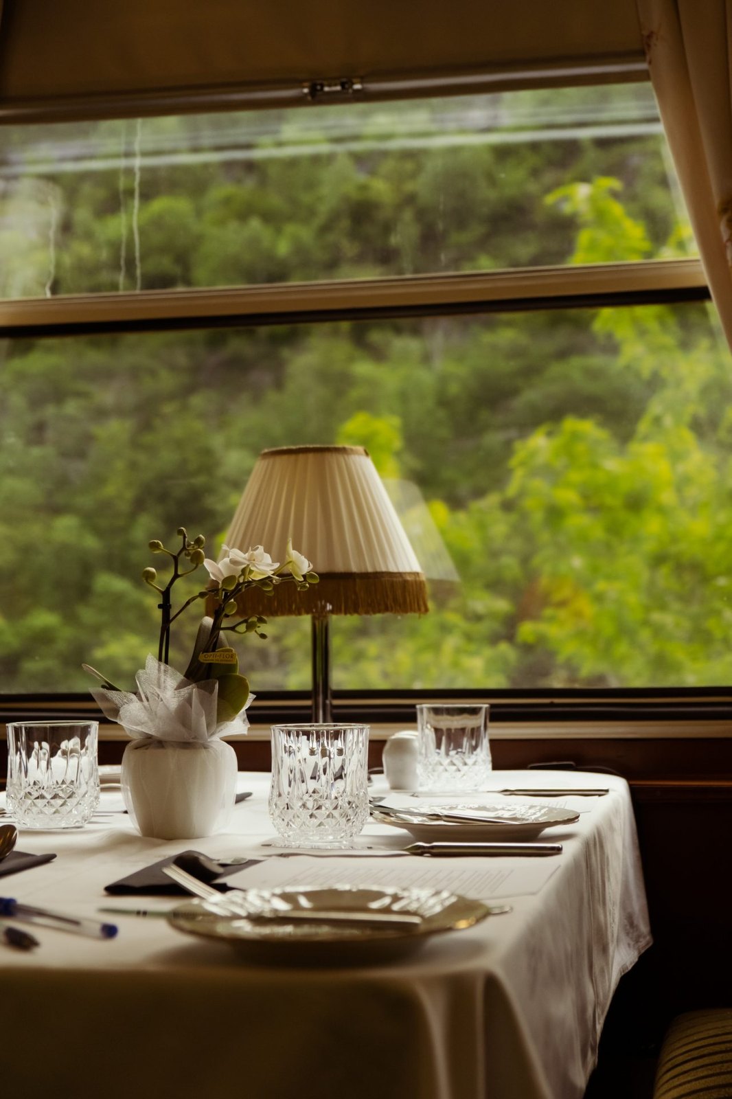 Restaurant car table set aboard the Golden Eagle Danube Express